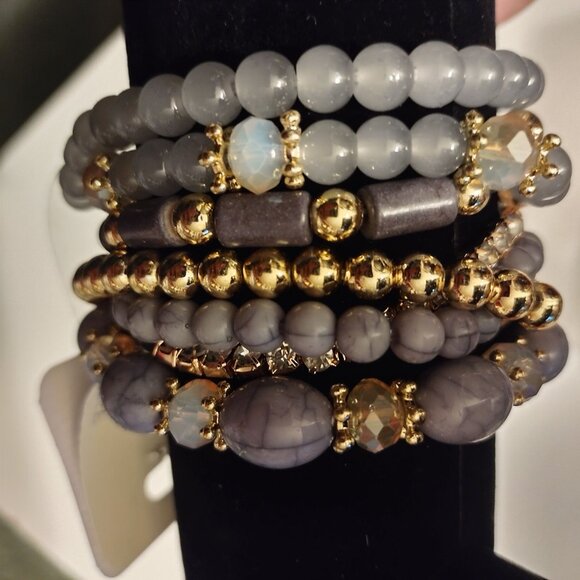 Set Of 6 Stretch Beaded Bracelets In Gray & Gold Tones By Riah Fashion-NEW - Picture 2 of 6